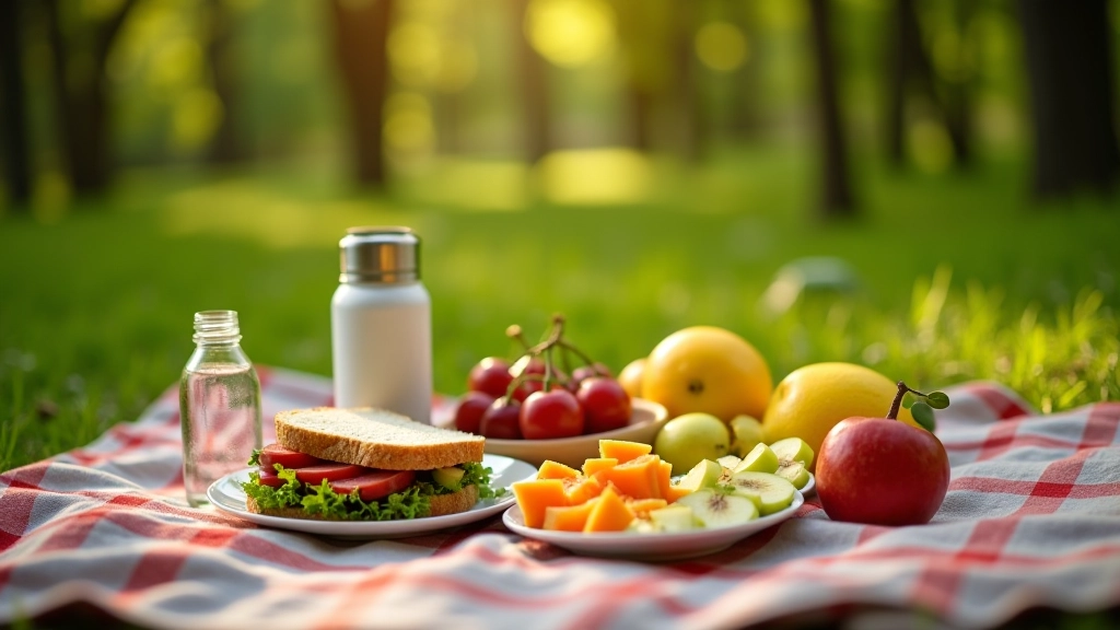 Picnic backpack ar ūdens pudeli, sviestmaizes un augļiem, paklāts uz zāles
